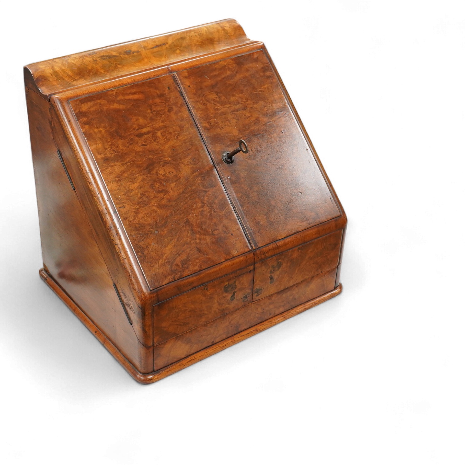A 19th century burr walnut two door fitted stationery box, 31cm high